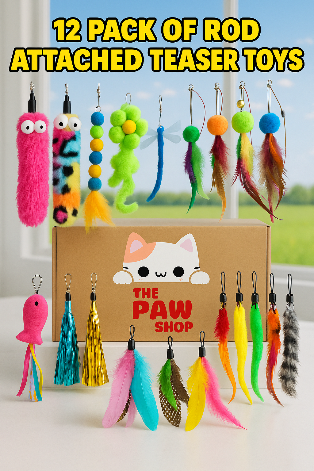 Rod Attached Teaser Toys - 12 PACK - COMPLETE IMAGES ON CHATGPT